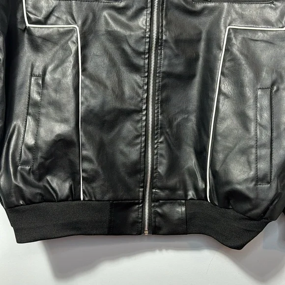 Jiechaofang Black‎ with White Piping Faux Leather Jacket in Size XL